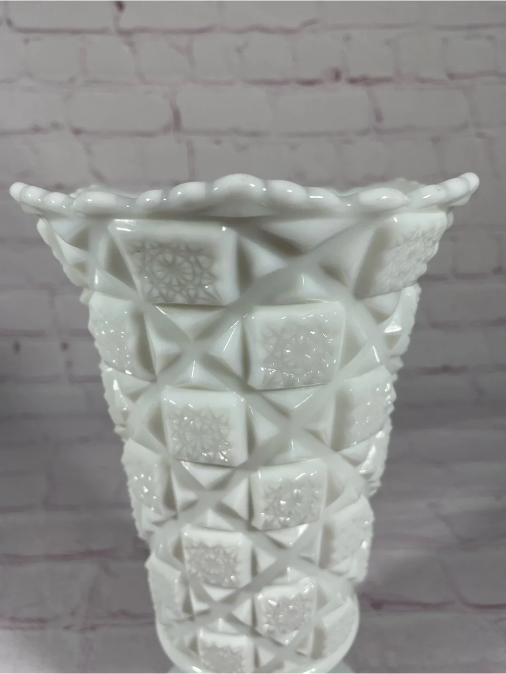 Vintage Westmoreland Old Quilt White Milk Glass Scalloped Rim Vase 9”